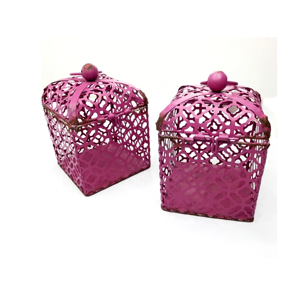 Set of Two Cages Fuchsia Distressed Candle Holders